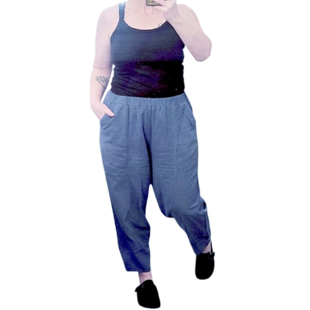Best Tailor Slate Blue Cotton Linen Wide Leg Cropped Travel Pants‎ L/ XL Pull On